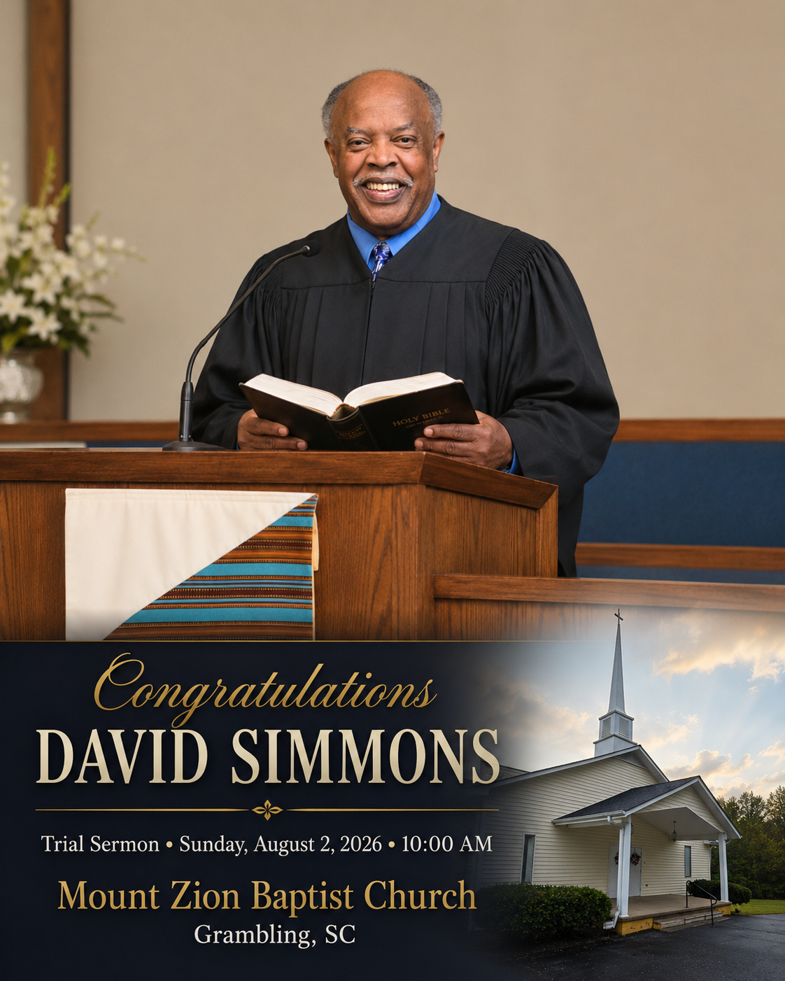 A flyer advertising Reverend David Simmons's trial sermon