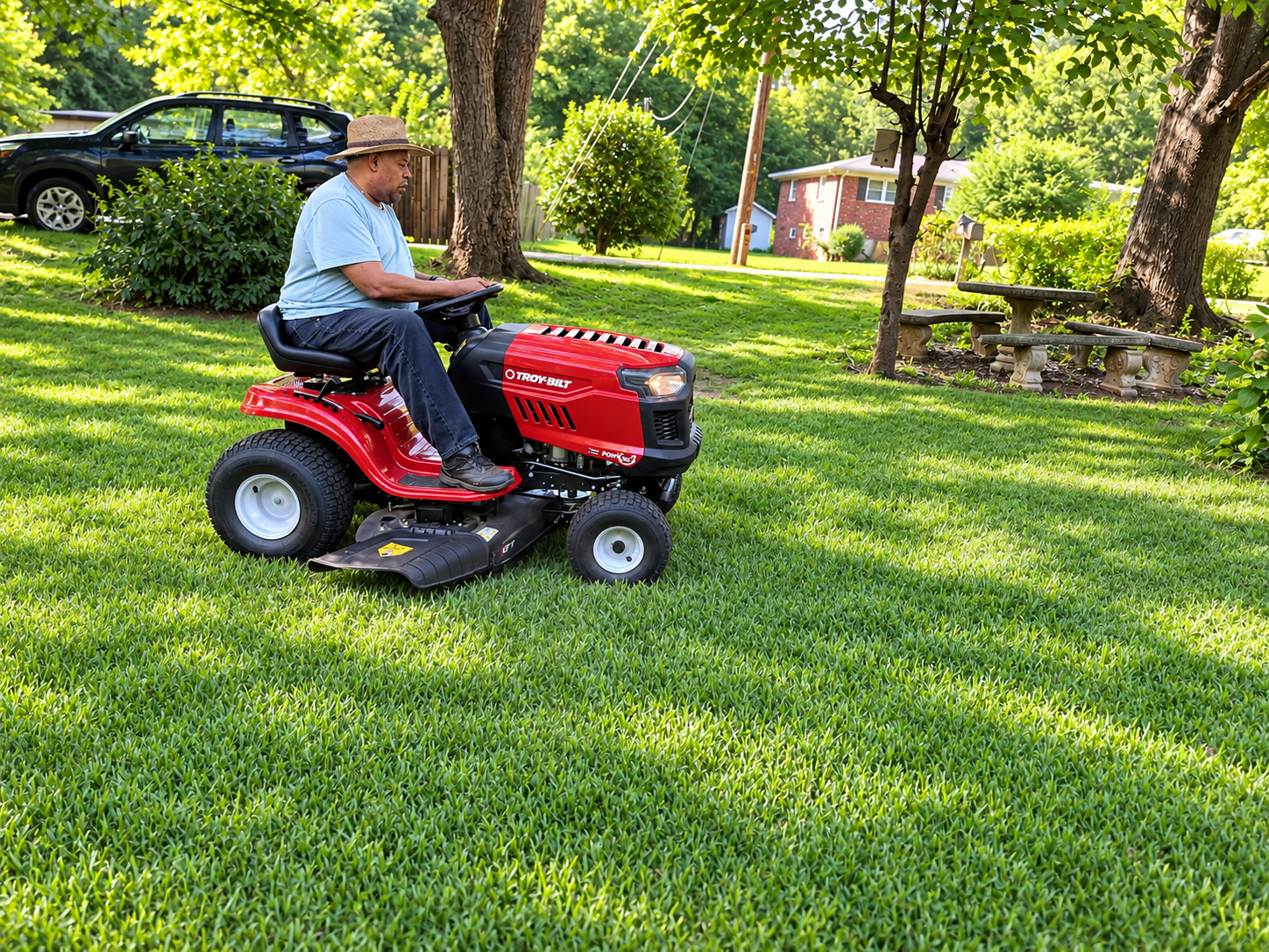 Reverend David Simmons mowing the lawn on his riding mower
