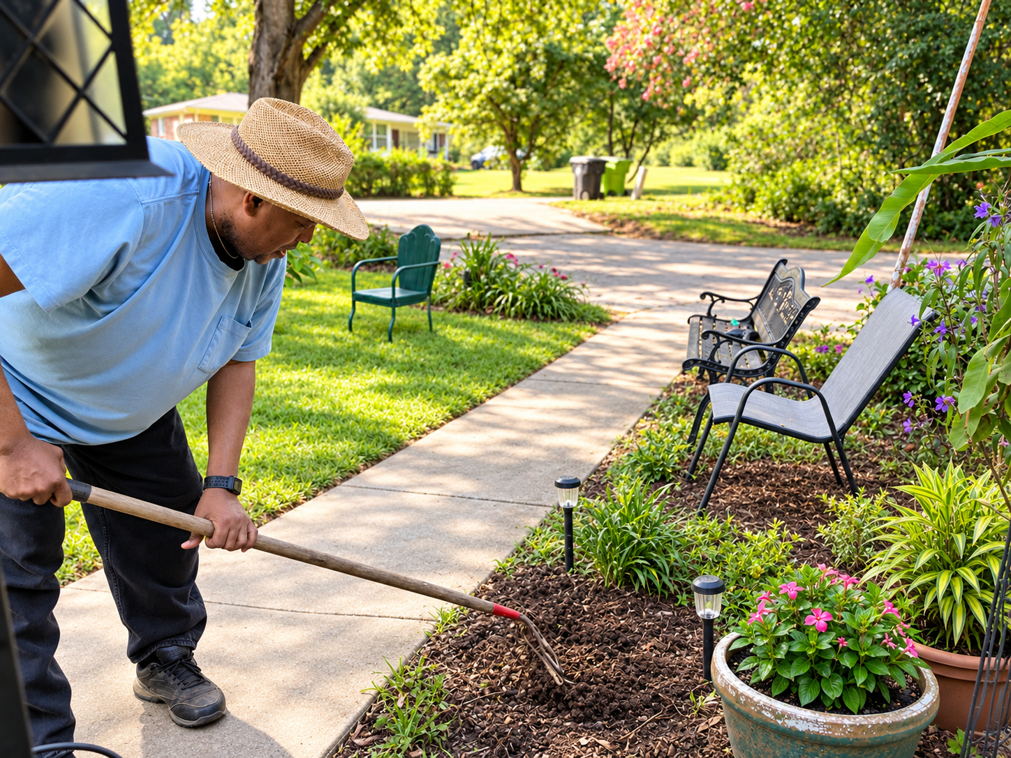 Reverend David Simmons tending to the flower beds in his yard